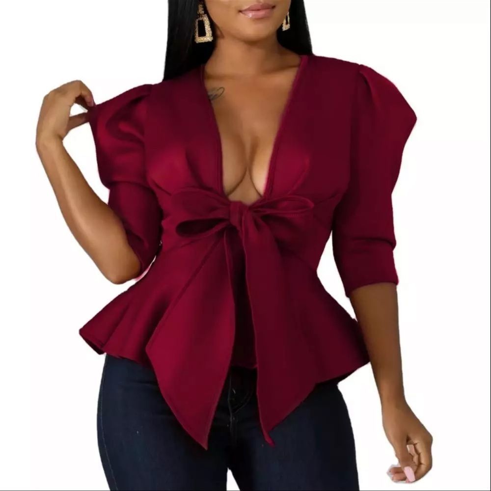 Sexy V Neck large Bow Puff Sleeve Blouse - Deep Red